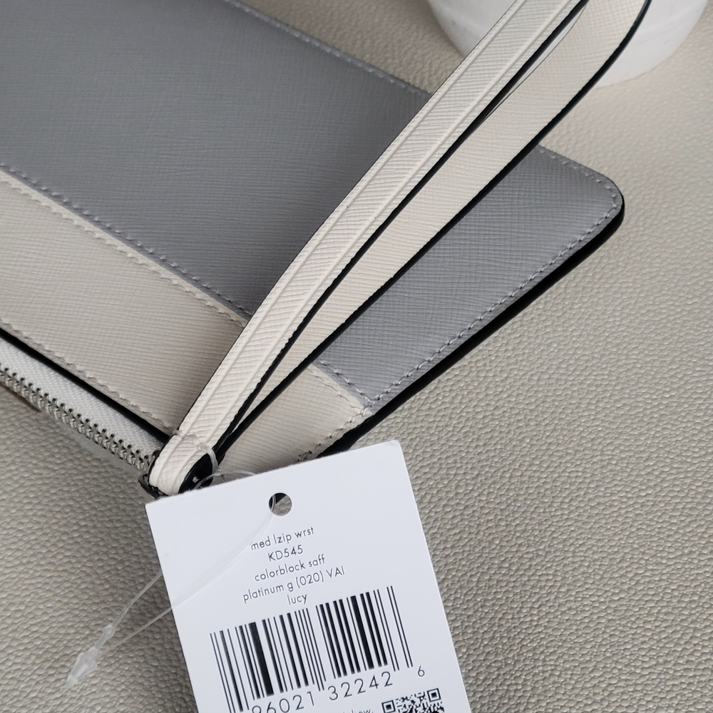 Kate Spade Lucy Platinum Gray & Cream  L-zip Wristlet - Picture 8 of 11